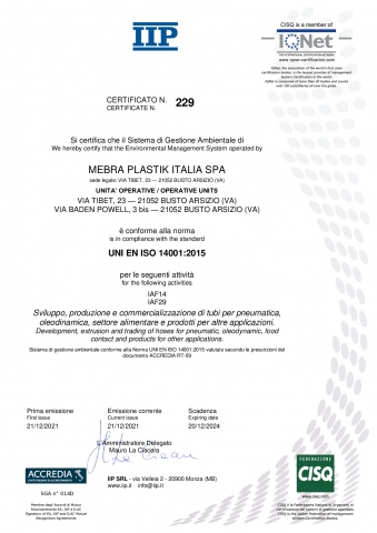 Certificato SQ - UNI EN ISO 14001 2015 - 229 - MEBRA PLASTIK ITALIA SPA