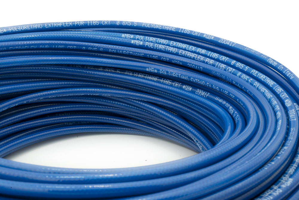 Linear flexible polyurethane 1185 CRT hose self-lubrificate and antistatic with reinforcement light blue by Mebra Plastik